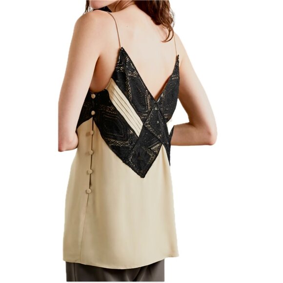 LAFAYETTE 148 Boheme Lace-Trim Silk-Georgette Camisole Tan w Black Lace NWT $698 - Picture 3 of 10